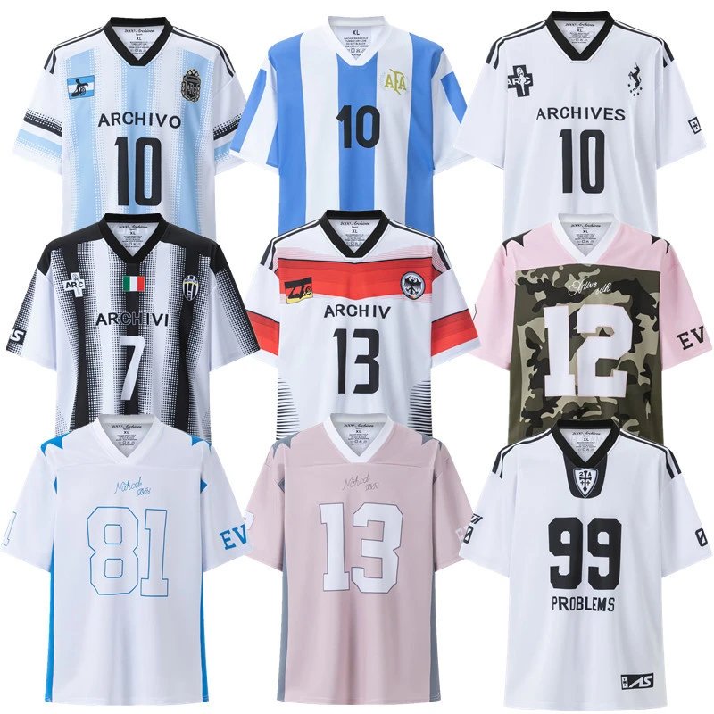 Summer hip-hop American retro V-neck spliced letter printed short-sleeved T-shirt casual sports breathable jersey